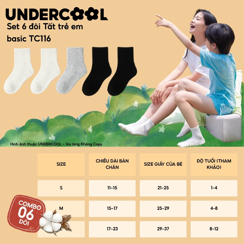 Combo 6 đôi Tất Trẻ Em Basic UNDERCOOL Chất Cotton co giãn, Thoáng Khí, Chống Tụt | Dành Cho Bé 1-12 Tuổi TC116