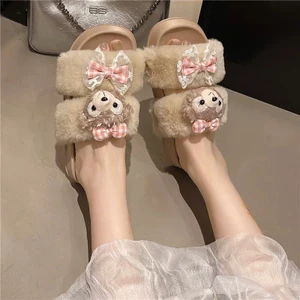 Dép Lông Hai Quai Ngang Gắn Gấu Nơ Siêu Dễ Thương Dế Đúc Chống Trơn Trượt Thời Trang Thu Đông