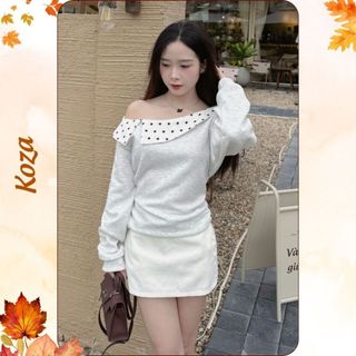 [HÀNG MỚI 2025 ] Áo nỉ nữ,Áo thun nữ lệch vai cổ tròn phối cổ caro chấm bi có nhún eo phong cách Hàn Quốc AOT025