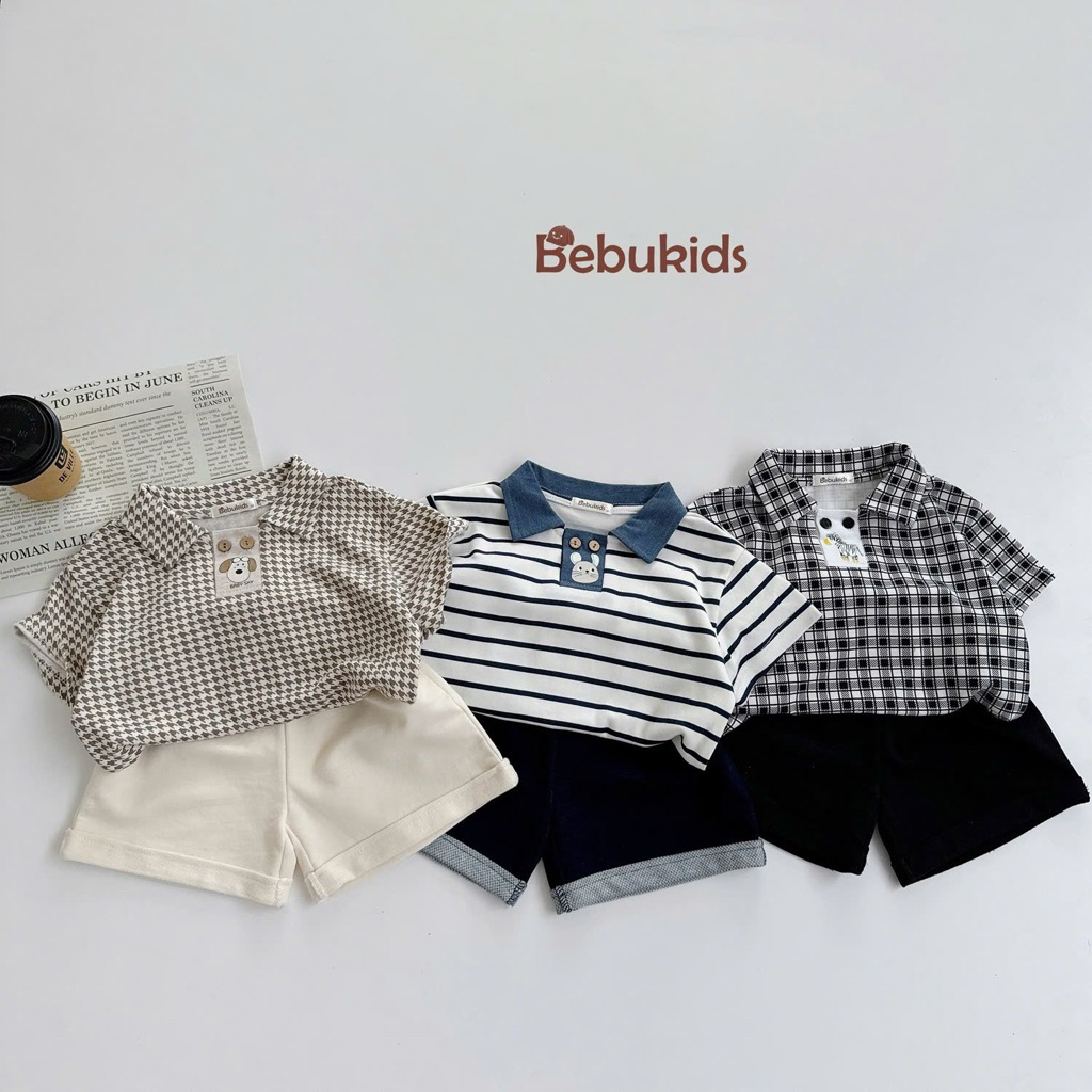 Set polo cộc tay cho bé trai Bebukids họa tiết ngộ nghĩnh, thiết kế đính 2 cúc lạ mắt 8-23kg