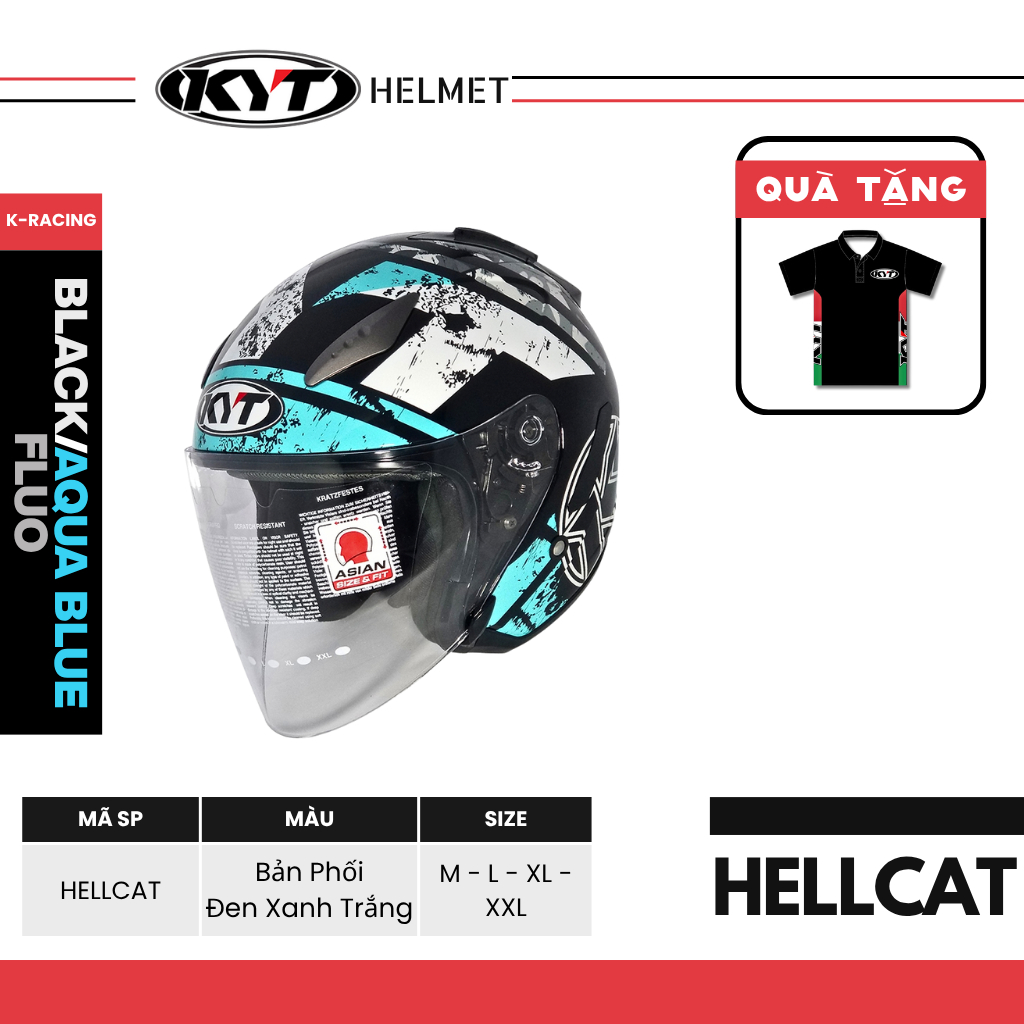 KYT Nón Bảo Hiểm 3/4 HELLCAT K-RACING BLACK/AQUA BLUE FLUO - Kính ...