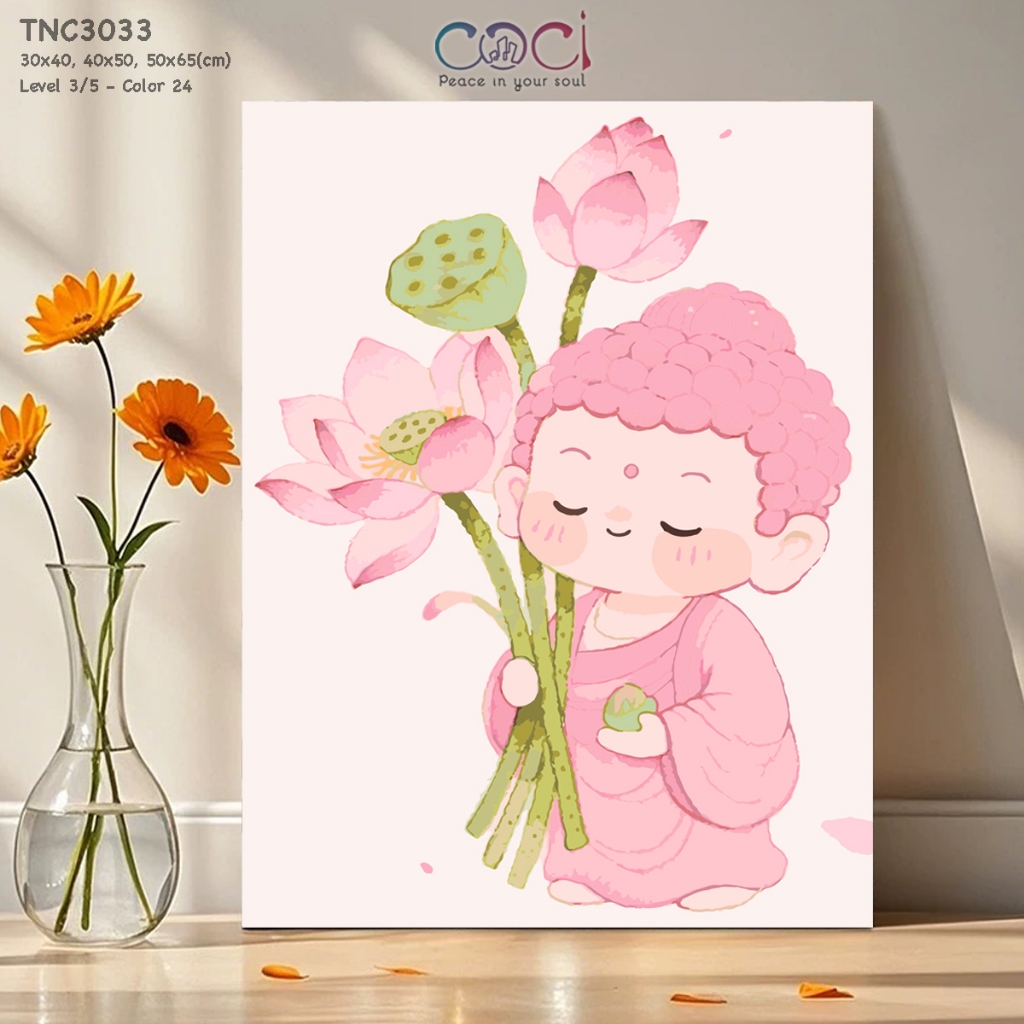 Tranh Số Hóa Phật Giáo Phật Và Hoa Sen Khổ Bé Dễ Thương Chibi COCI Tô Màu Theo Số Có Khung TNC3033