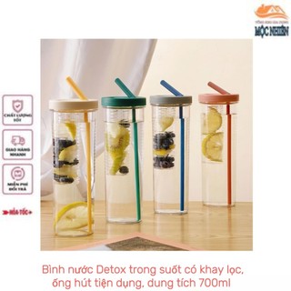 Bình nước Detox trong suốt có khay lọc, ống hút tiện dụng - dung tích 700ml