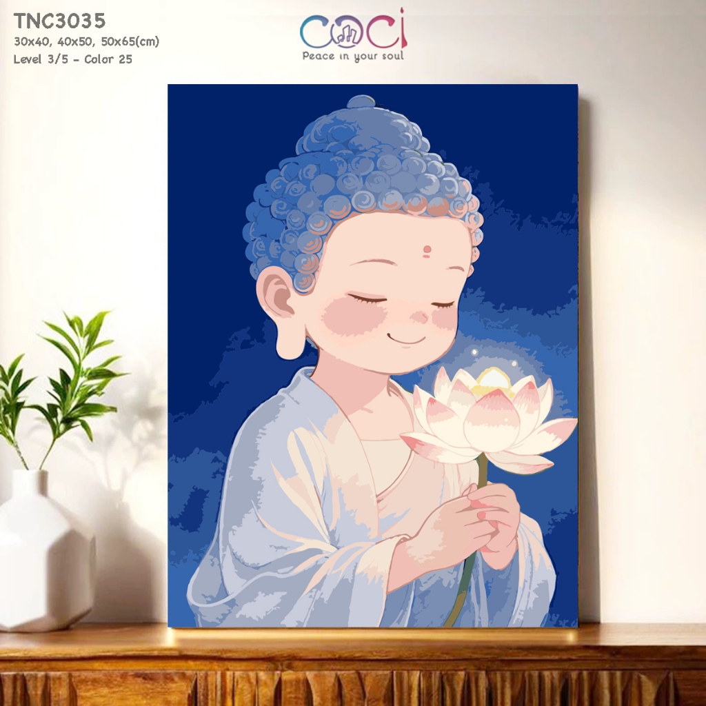 Tranh Tô Màu Số Hóa Phật Giáo Đức Phật Sen Trắng Khổ Bé Dễ Thương Chibi COCI Có Khung TNC3035