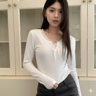 Áo kiểu phối bèo ren đen trắng xanh cột dây sang trọng chất thun tăm xinh xắn VANISA CT117