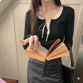 Áo kiểu phối bèo ren đen trắng xanh cột dây sang trọng chất thun tăm xinh xắn VANISA CT117