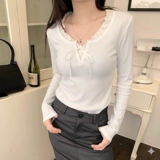Áo kiểu phối bèo ren đen trắng xanh cột dây sang trọng chất thun tăm xinh xắn VANISA CT117