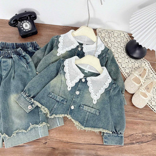 Sét áo jeans bò cổ V tiểu thư mix quần xuông cho bé gái