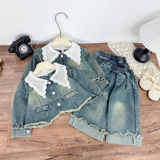 Sét áo jeans bò cổ V tiểu thư mix quần xuông cho bé gái