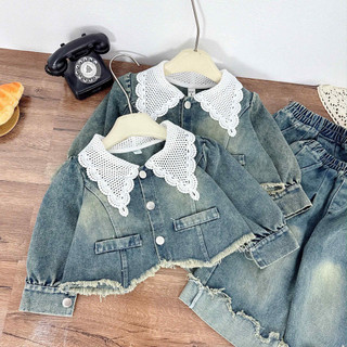 Sét áo jeans bò cổ V tiểu thư mix quần xuông cho bé gái