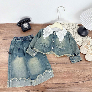 Sét áo jeans bò cổ V tiểu thư mix quần xuông cho bé gái