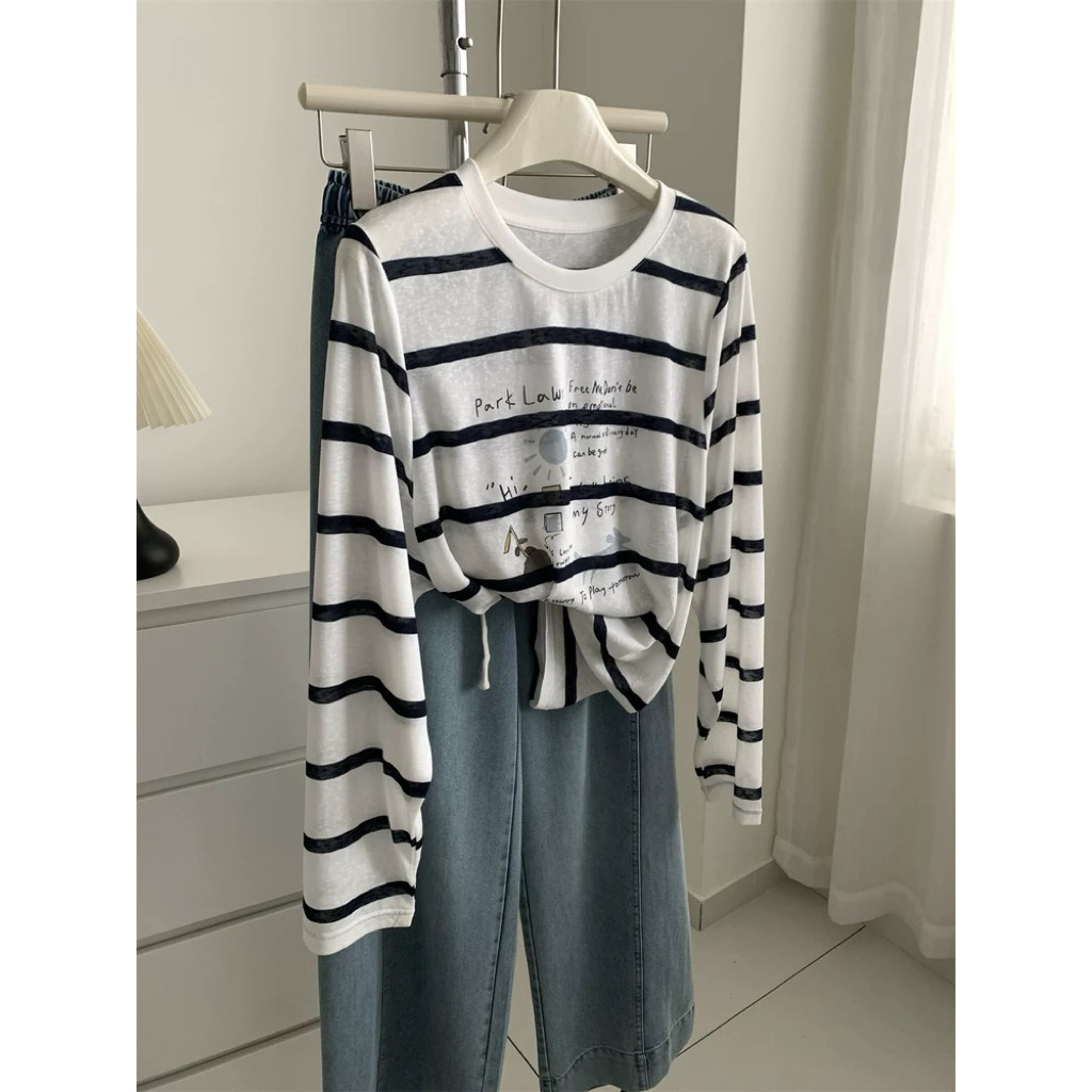 Áo dài tay kẻ sọc ngang ô to in hình cá tính JULY FASHION, Áo thun nữ tay dài thu đông kẻ sọc chất thun xượt mềm mịn