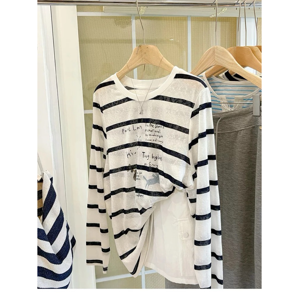 Áo dài tay kẻ sọc ngang ô to in hình cá tính JULY FASHION, Áo thun nữ tay dài thu đông kẻ sọc chất thun xượt mềm mịn