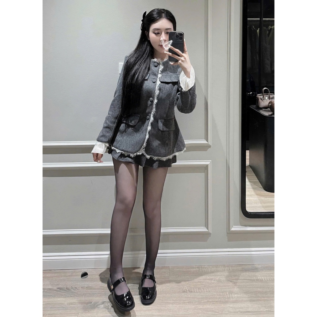 ZIMM STORE -Bộ vest xám nữ thời trang , thiết kế viền tua trắng nổi bật