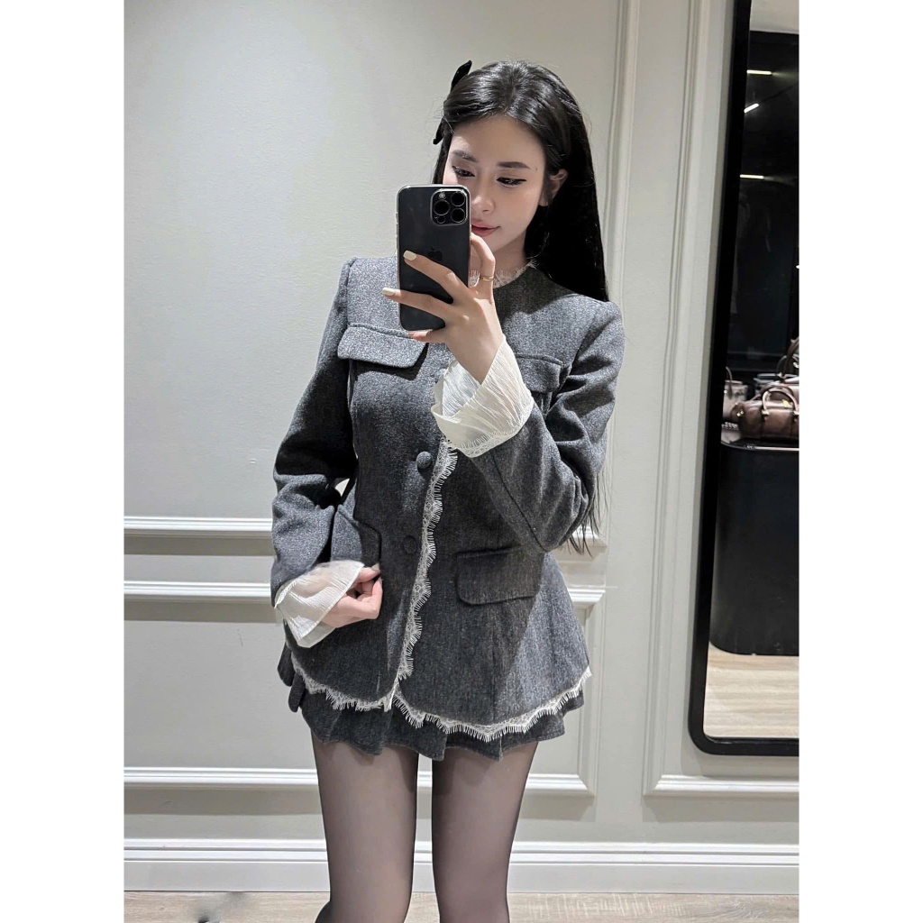 ZIMM STORE -Bộ vest xám nữ thời trang , thiết kế viền tua trắng nổi bật