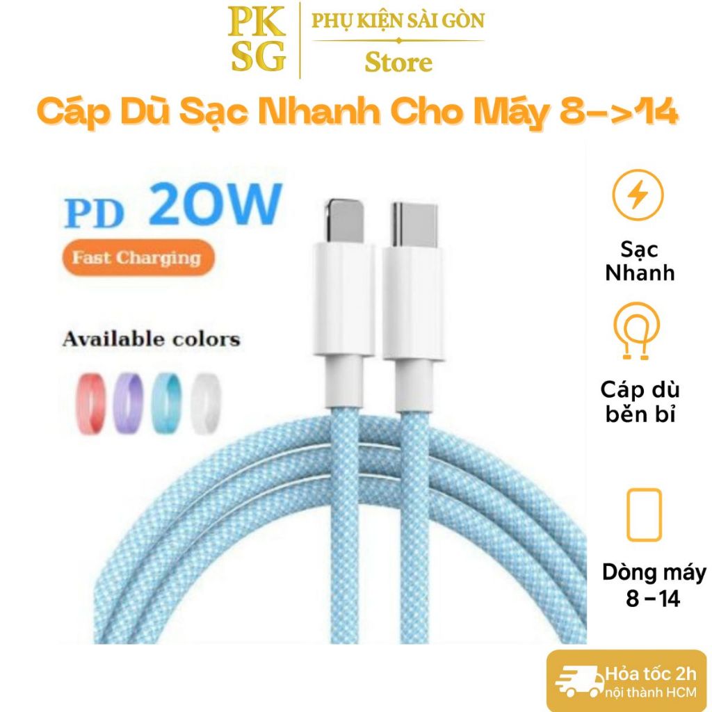 Cáp sạc nhanh PD 20W Cáp Bọc Dù Chống Đứt Gãy Sử Dụng Cho Điện Thoại 8 đến 14