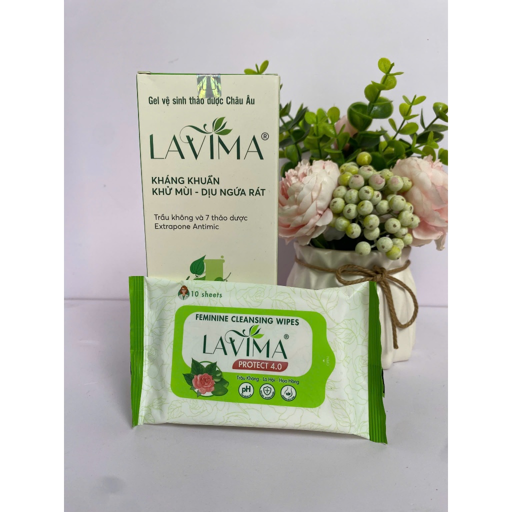 Combo LAVIMA 110g ( Mẫu Mới ) Dung Dịch Vệ Sinh Thảo Dược Châu Âu, Khăn ướt vùng kín Lavima