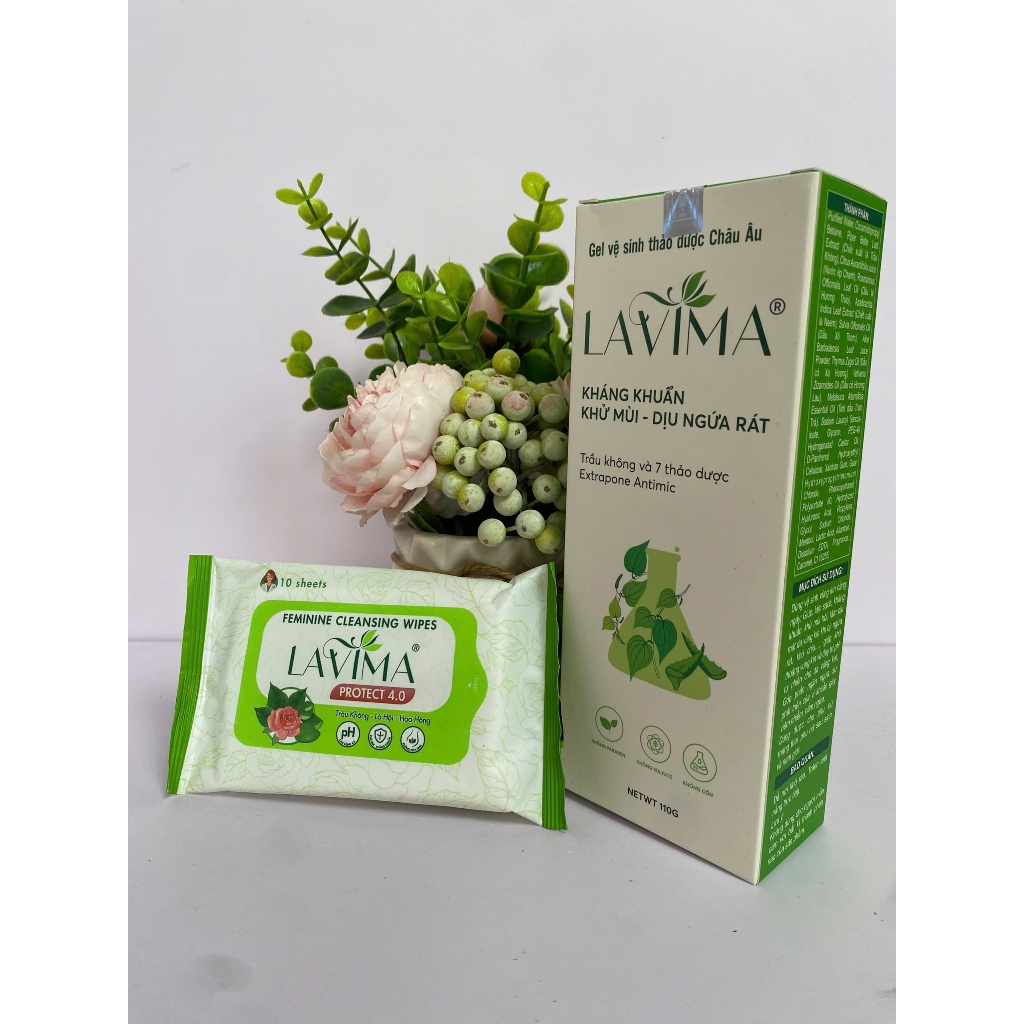 Combo LAVIMA 110g ( Mẫu Mới ) Dung Dịch Vệ Sinh Thảo Dược Châu Âu, Khăn ướt vùng kín Lavima