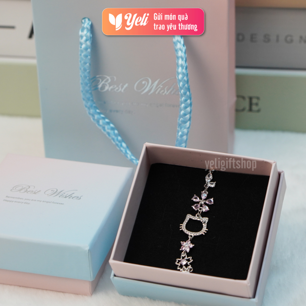 Set quà trang sức vòng tay tặng bạn gái, người yêu kèm Hoa Gấu Hello Kitty, Set quà trang sức Hoa Gấu dễ thương