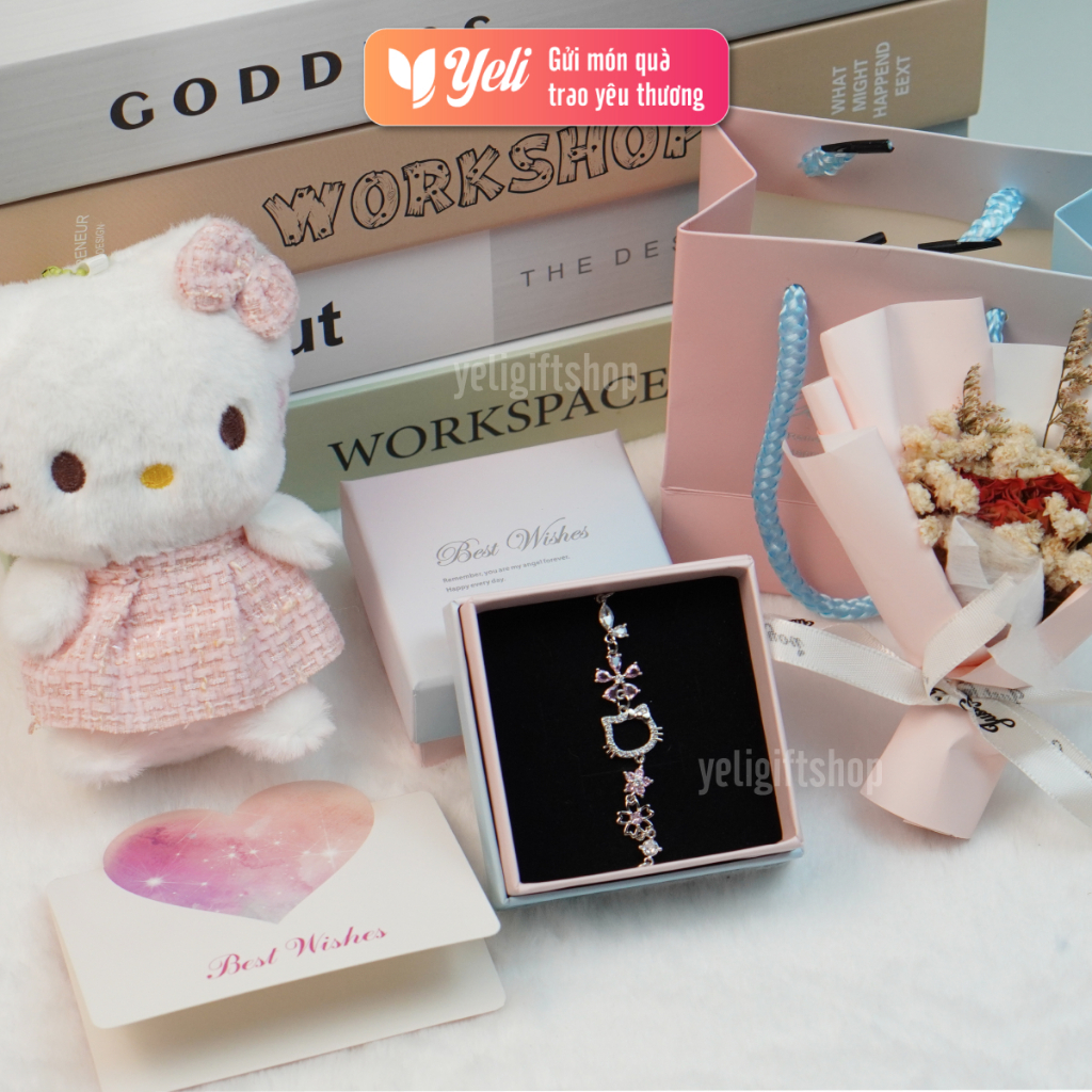 Set quà trang sức vòng tay tặng bạn gái, người yêu kèm Hoa Gấu Hello Kitty, Set quà trang sức Hoa Gấu dễ thương