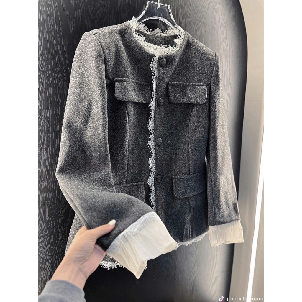 ZIMM STORE -Bộ vest xám nữ thời trang , thiết kế viền tua trắng nổi bật
