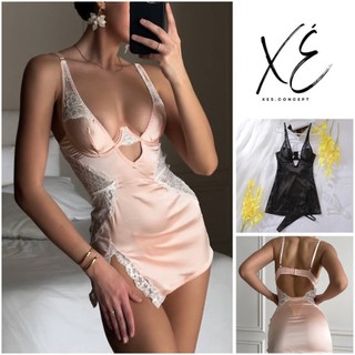 Váy ngủ ( V47) - Váy ngủ lụa cao cấp phối ren có gọng định hình ngực kèm quần lụa cùng màu