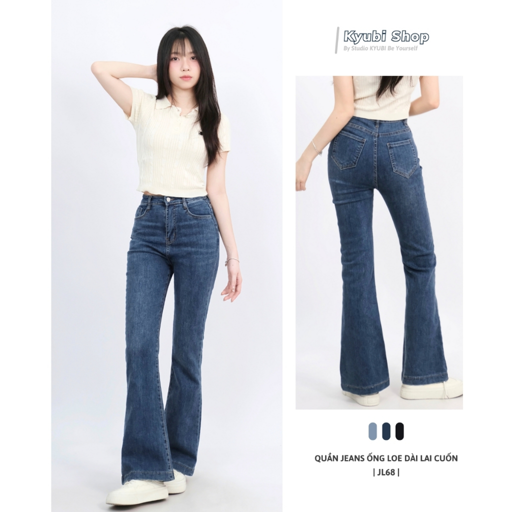 Quần jean ống loe vừa KYUBI, quần bò ống loe lưng cao co giãn 4 chiều chất vải cao cấp dày dặn - JL68