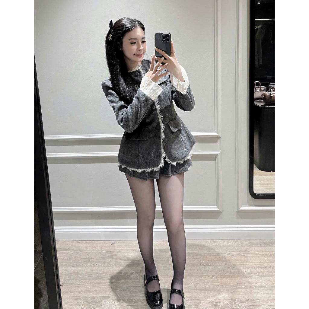 ZIMM STORE -Bộ vest xám nữ thời trang , thiết kế viền tua trắng nổi bật