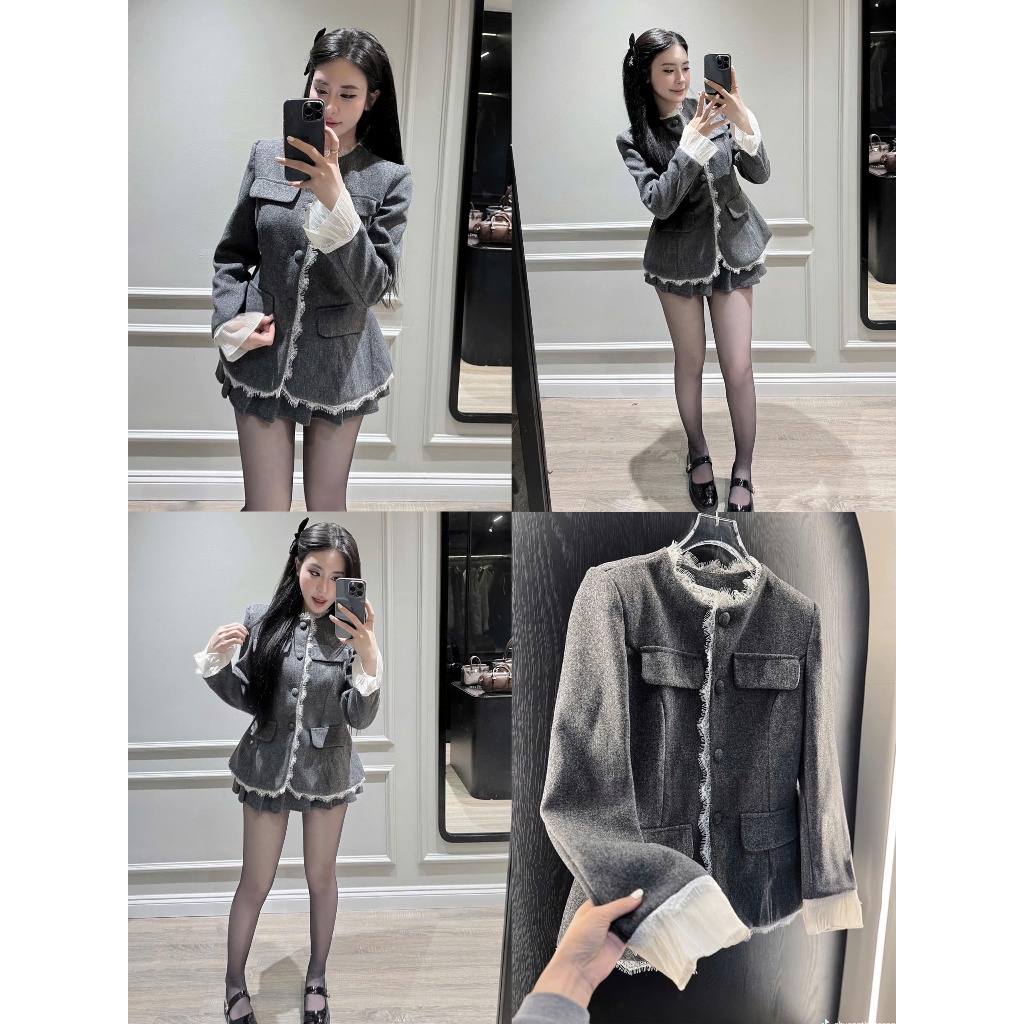 ZIMM STORE -Bộ vest xám nữ thời trang , thiết kế viền tua trắng nổi bật
