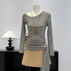 Áo thun nữ lệch vai nhún eo kèm vạt buộc tôn dáng By.Thanhhuyenclothing