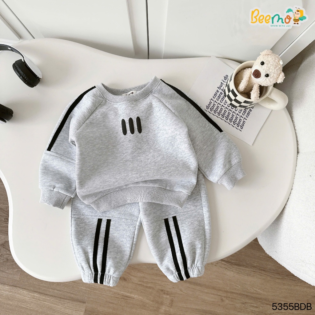 Bộ nỉ hai da thể thao phối sọc chính hãng Beemo, bộ thu đông dài tay bé trai phong cách thể thao