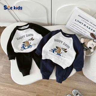 Bộ cotton nỉ 2 da phối tay in hoạ tiết bé trai, bộ thu đông dày dặn hàng đẹp cho bé SAD 5020