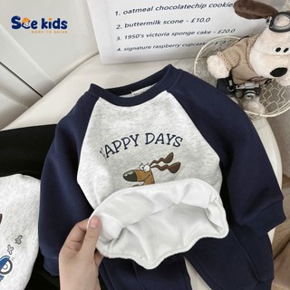 Bộ cotton nỉ 2 da phối tay in hoạ tiết bé trai, bộ thu đông dày dặn hàng đẹp cho bé SAD 5020