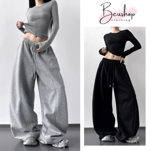 Quần Nỉ 2Da Kẻ Gân Nữ CẠP CHUN Dây Rút Suông Ống Rộng Quần Nỉ Unisex BIGSIZE From Rộng Tôn Dáng BEU