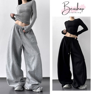 Quần Nỉ 2Da Kẻ Gân Nữ CẠP CHUN Dây Rút Suông Ống Rộng Quần Nỉ Unisex BIGSIZE From Rộng Tôn Dáng BEU