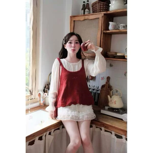 Set áo sơ mi voan tơ tay bèo mix ÁO LEN 2 DÂY dáng babydoll màu vintage siêu xinh