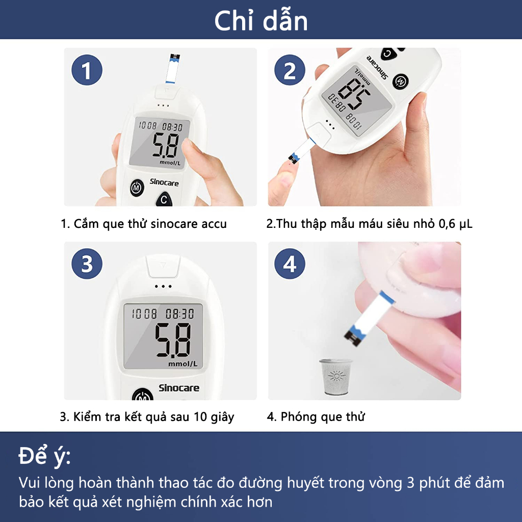 [VOUCHER 20K MỞ BÁN] Que Thử Đường Huyết Safe Accu Sinocare , que thử lượng đường trong máu, test tiểu đường