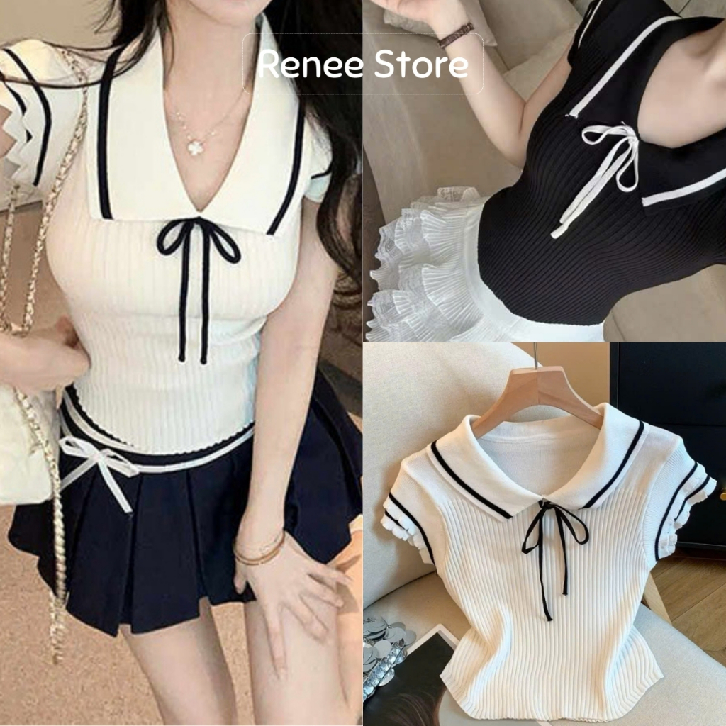 Áo len cổ polo viền phối nơ thắt, áo len cộc tay viền sóng Renee Store ...