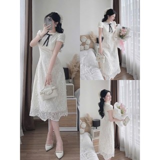 Đầm Maxi thời trang nữ phong cách nàng thơ chất ren tay cộc cổ cườm đính nơ xinh váy dáng dài kèm lót lụa tinh tế