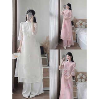 Set áo dài thời trang nữ phong cách trang nhã vải tơ họa tiết thêu tươi tắn phối quần tuyết mưa dài ống rộng