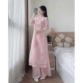 Set áo dài thời trang nữ phong cách trang nhã vải tơ họa tiết thêu tươi tắn phối quần tuyết mưa dài ống rộng