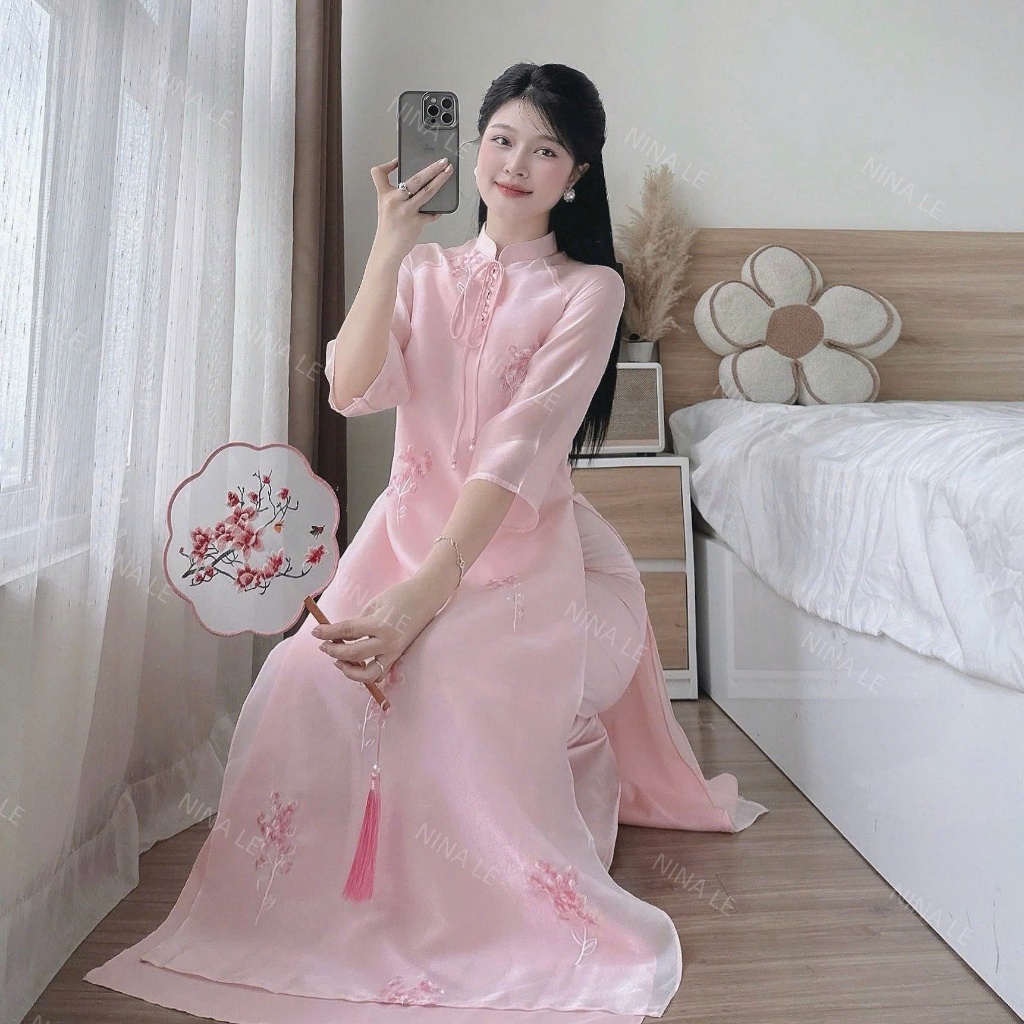 bộ áo dài tơ thêu hoa 4 tà duyên dáng, set áo dài cách tân cổ cao đính ngọc trẻ trung thanh lịch