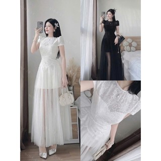 Đầm thời trang nữ thiết kế dạ hội chất ren phối lưới tay ngắn cổ tròn váy dáng maxi xòe sang chảnh