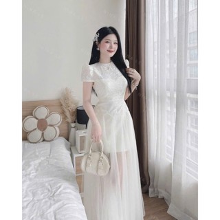 Đầm thời trang nữ thiết kế dạ hội chất ren phối lưới tay ngắn cổ tròn váy dáng maxi xòe sang chảnh