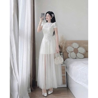 Đầm thời trang nữ thiết kế dạ hội chất ren phối lưới tay ngắn cổ tròn váy dáng maxi xòe sang chảnh