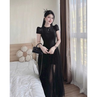 Đầm thời trang nữ thiết kế dạ hội chất ren phối lưới tay ngắn cổ tròn váy dáng maxi xòe sang chảnh