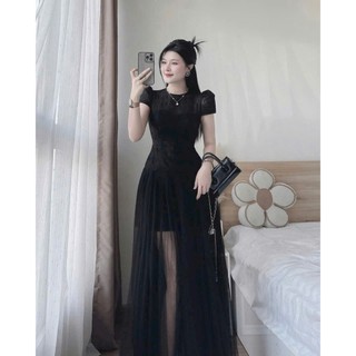 Đầm thời trang nữ thiết kế dạ hội chất ren phối lưới tay ngắn cổ tròn váy dáng maxi xòe sang chảnh