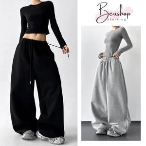 Quần Nỉ Da Cá 2 Lớp Nữ Xám Đen Cạp Chun Dây Rút BIGSIZE Quần Nỉ Unisex Suông Ống Rộng Nỉ Hàn MIAA