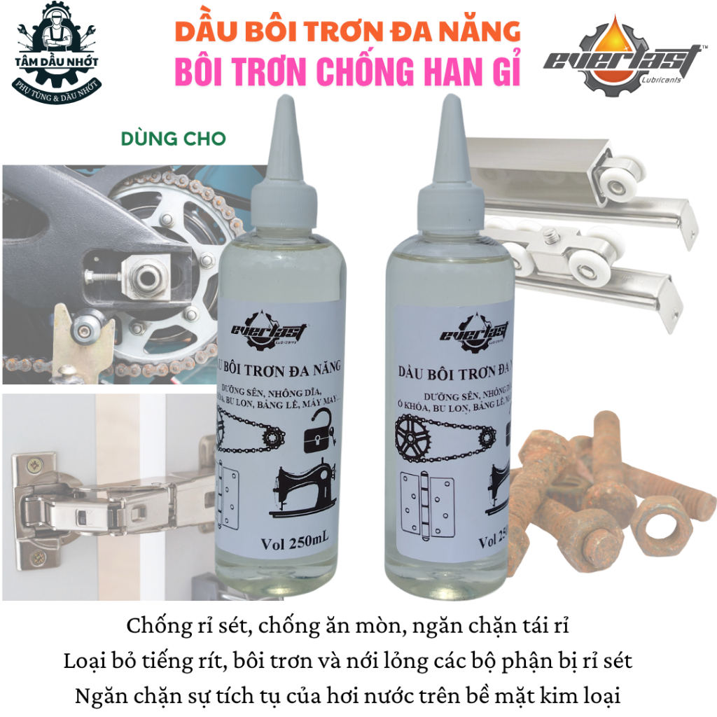 Dầu bôi trơn đa năng, chống rỉ, bôi trơn cho các chi tiết cơ khí như bù lon, ổ khóa, bảng lề, ổ trục