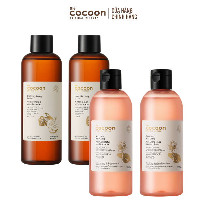 Combo 2 Nước cân bằng sen Hậu Giang (toner) 310ml & 2 Nước tẩy trang bí đao 500ml Cocoon